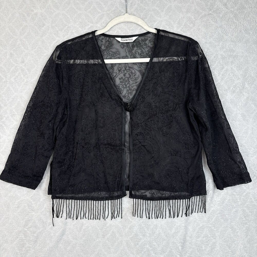 Vtg Piccalino Velvet Burnout Cardigan M Petite Black Beads Fringe Whimsigoth 90s